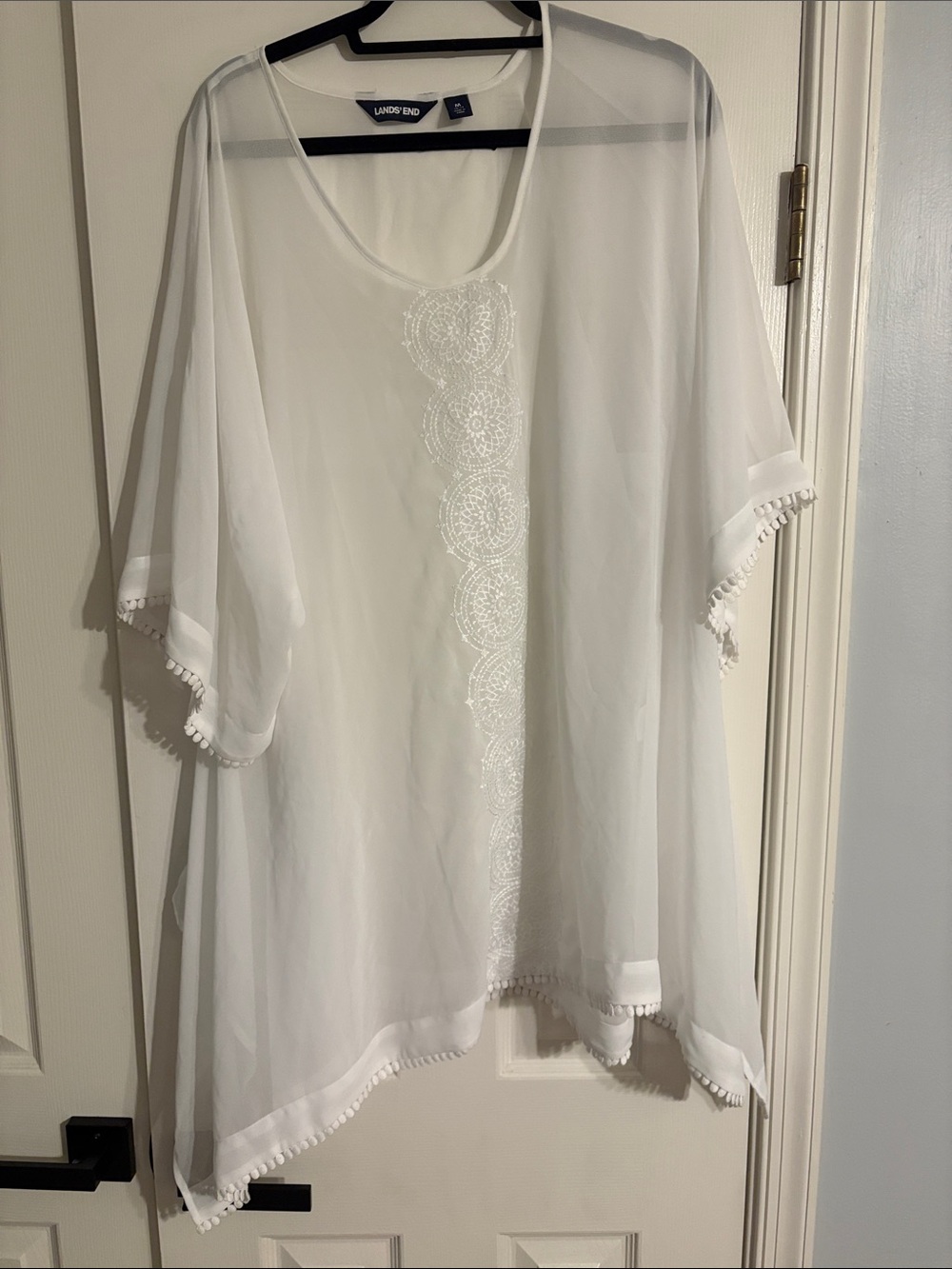 Lands' End White Sheer Pom-Pom Trim Embroidered Coverup